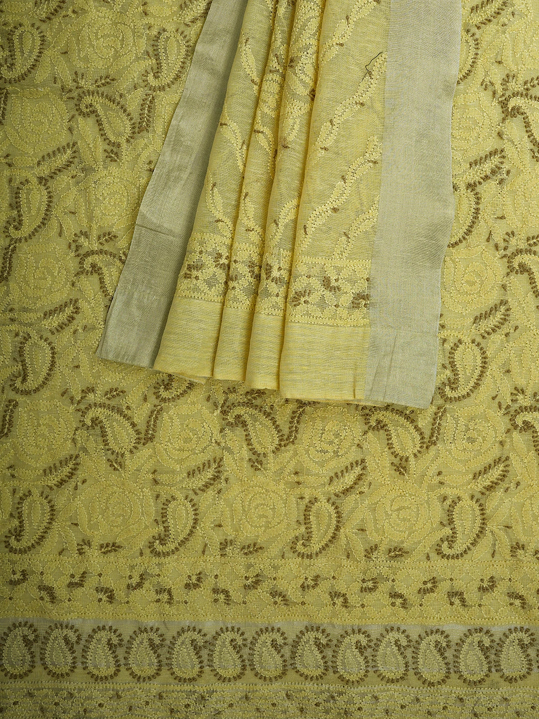 Ada Hand Embroidered Citron Yellow Chanderi Lucknowi Chikankari Unstitched Kurta Dupatta Set 01A711026