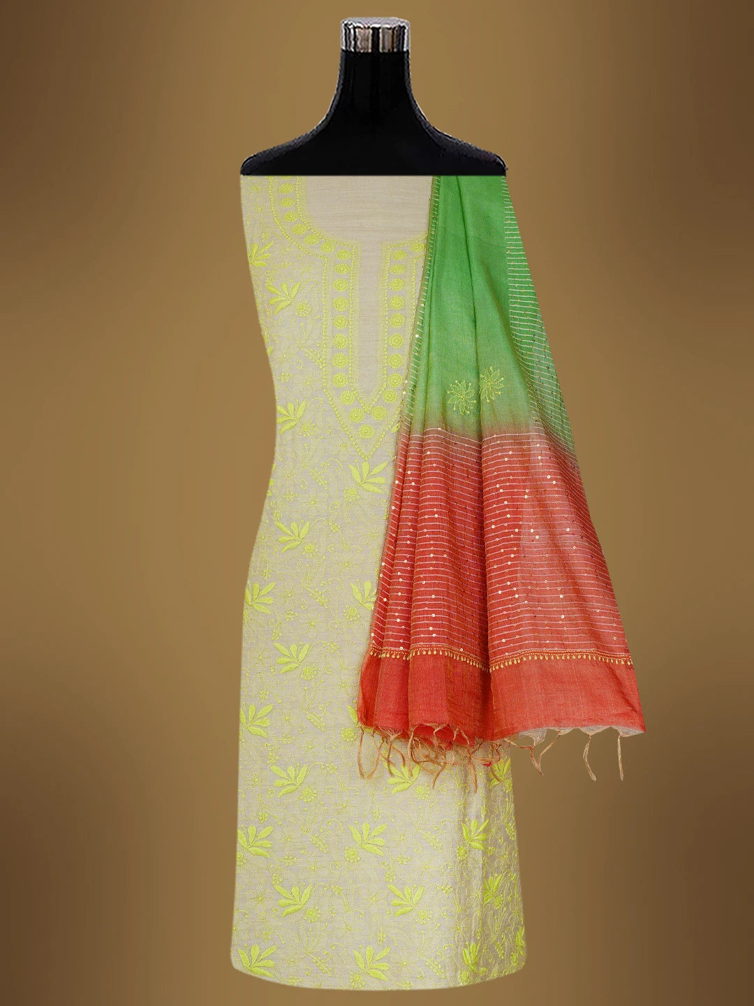 Ada Hand Embroidered Fawn Silk Lucknowi Chikankari Unstitched Suit Piece With Sequins Work 01A705176