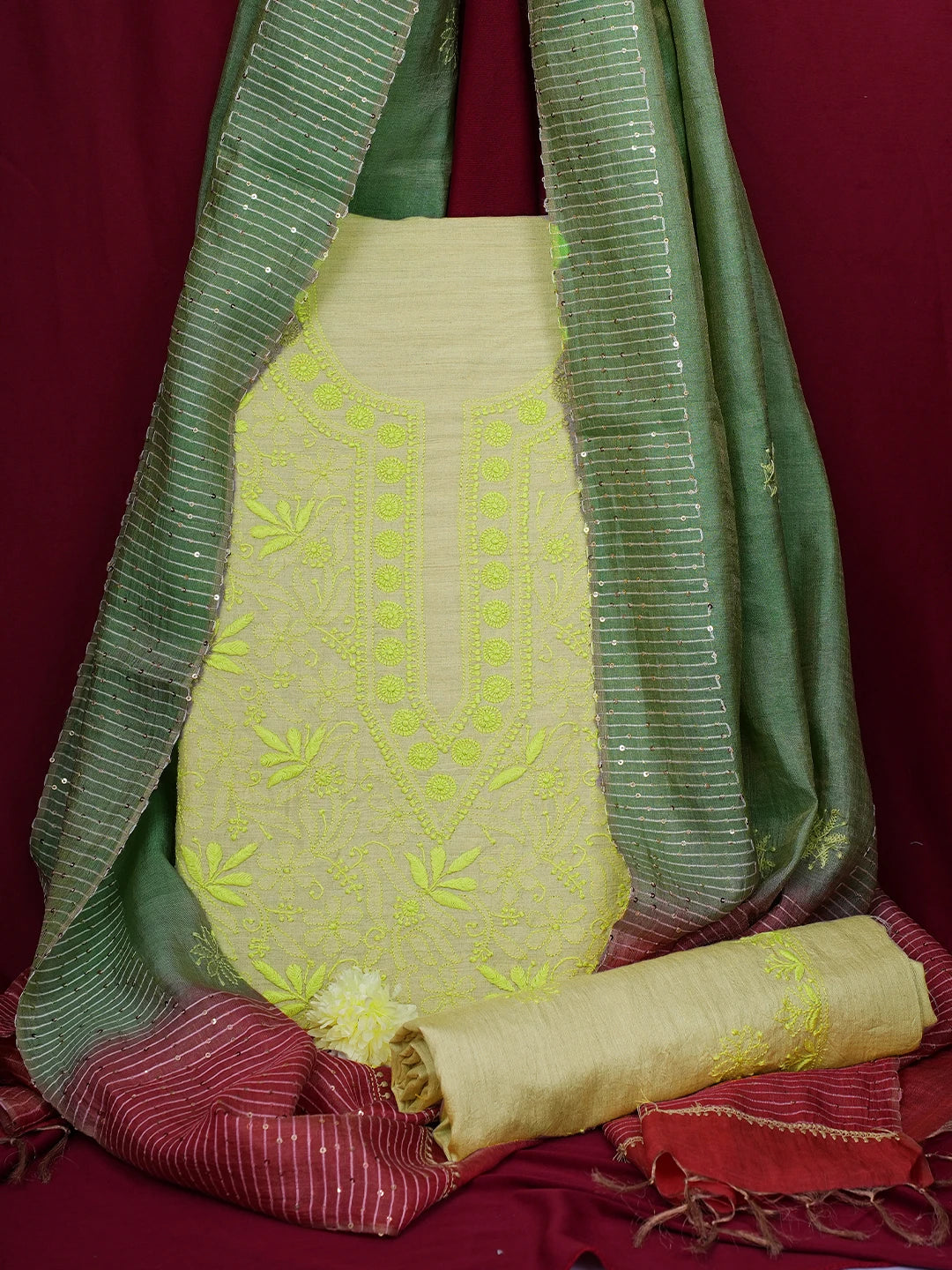Ada Hand Embroidered Fawn Silk Lucknowi Chikankari Unstitched Suit Piece With Sequins Work 01A705176