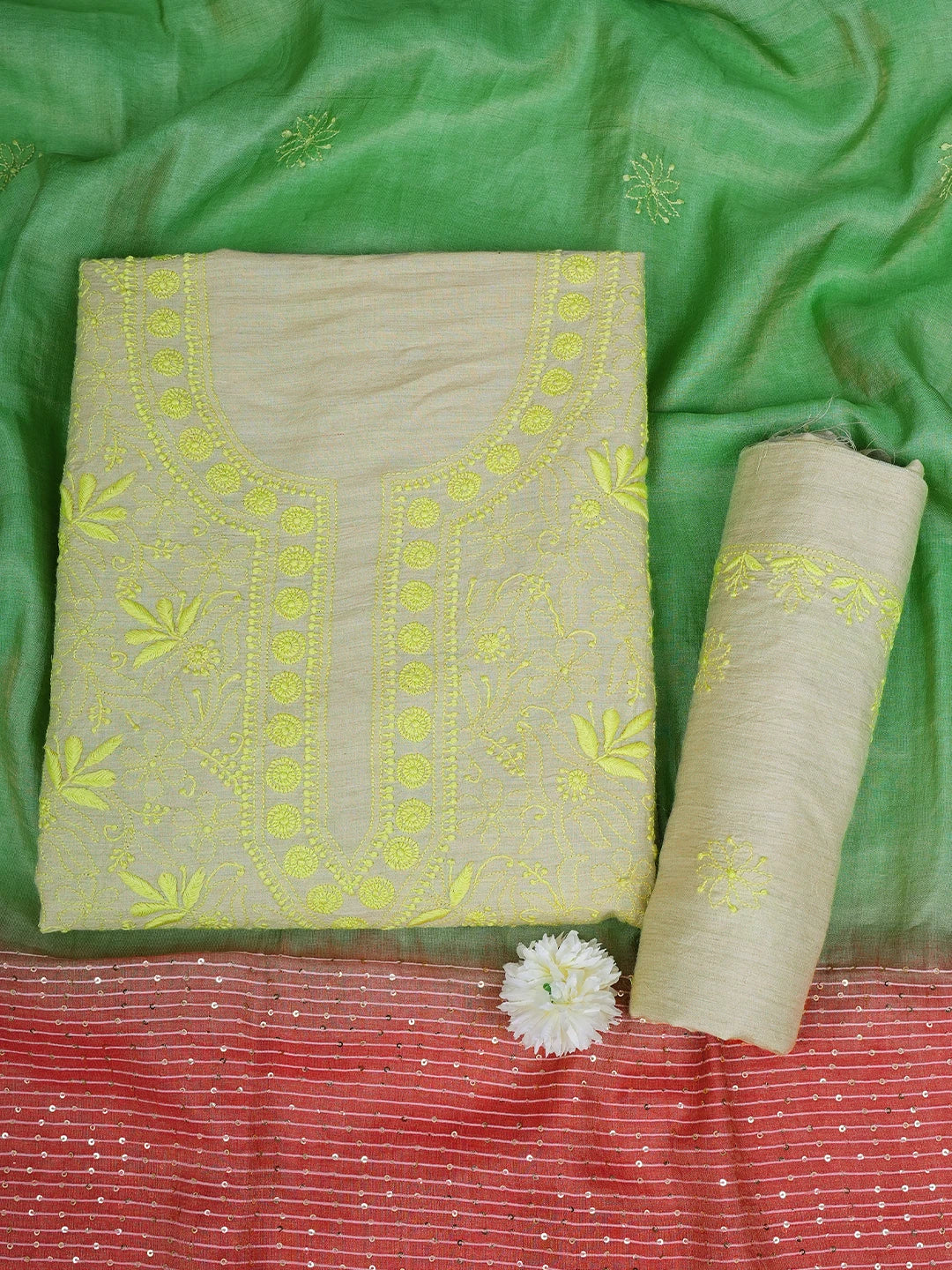 Ada Hand Embroidered Fawn Silk Lucknowi Chikankari Unstitched Suit Piece With Sequins Work 01A705176