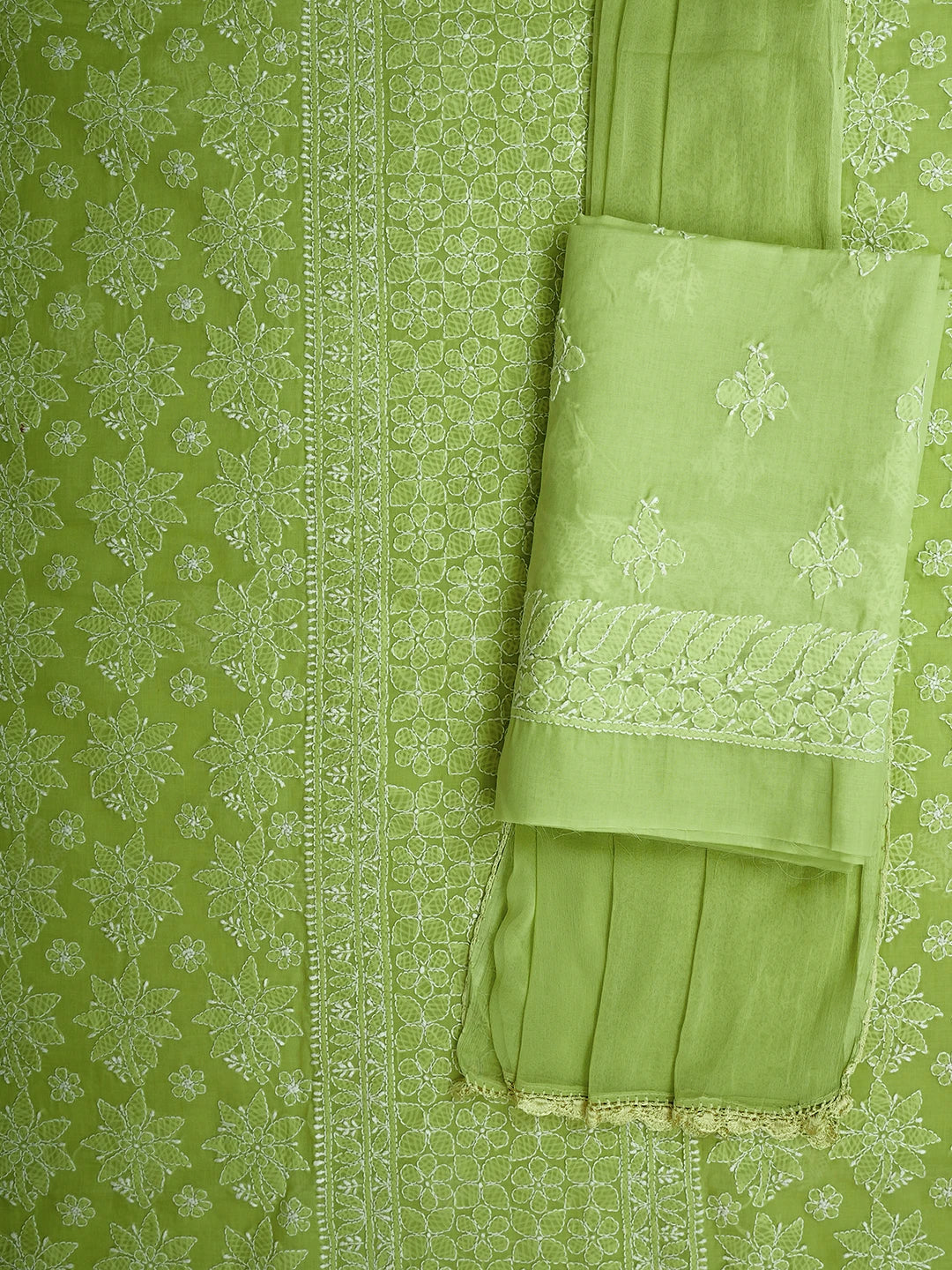Ada Hand Embroidered Green Cotton Lucknowi Chikankari Unstitched Suit Piece 01A710374