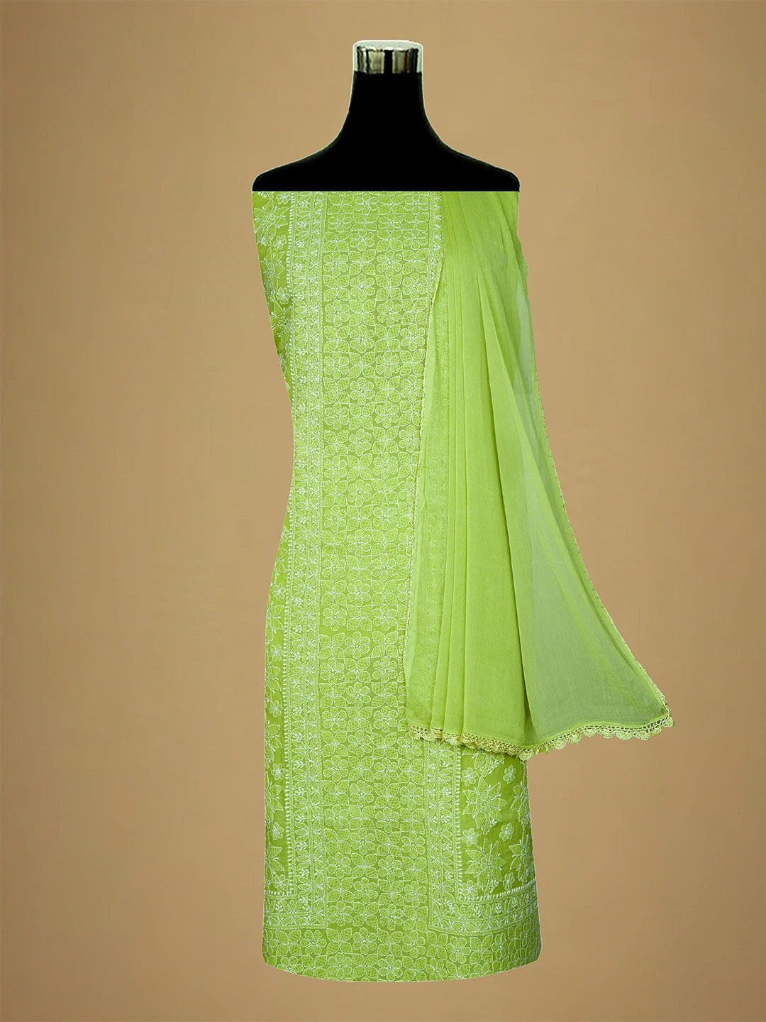 Ada Hand Embroidered Green Cotton Lucknowi Chikankari Unstitched Suit Piece 01A710374