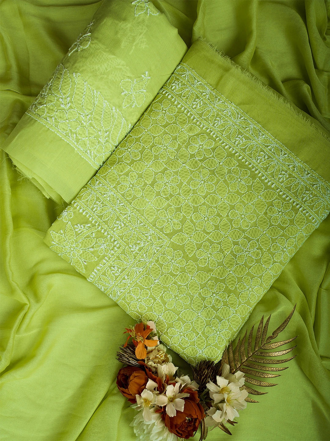 Ada Hand Embroidered Green Cotton Lucknowi Chikankari Unstitched Suit Piece 01A710374