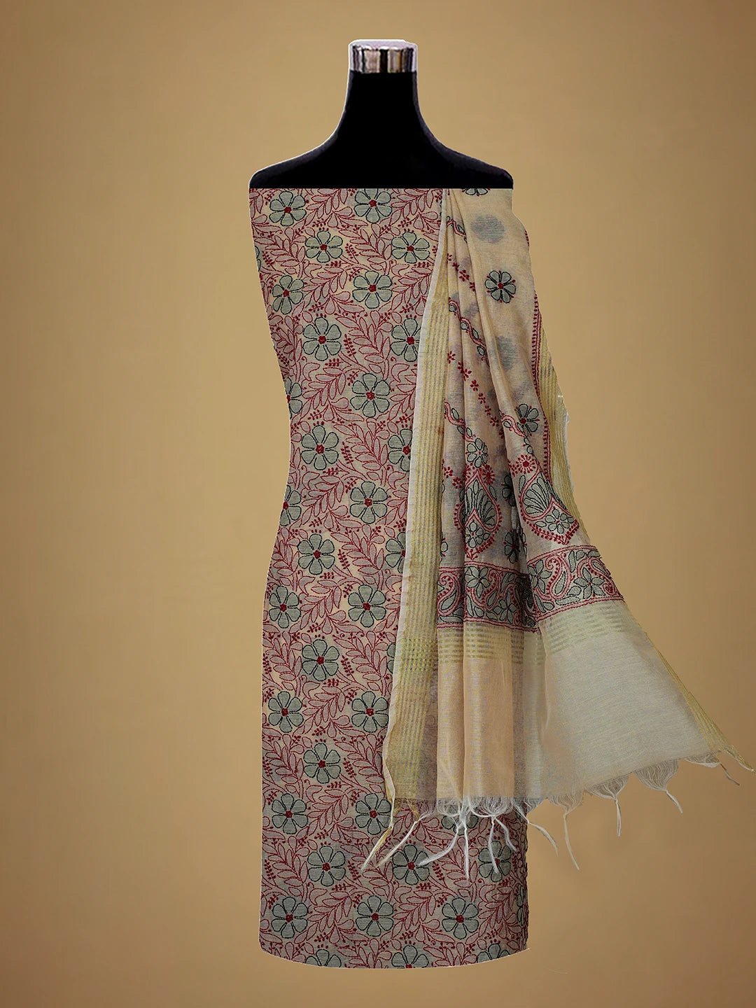 Ada Hand Embroidered Fawn Chanderi Lucknowi Chikankari Unstitched Kurta Dupatta Set 01A710977