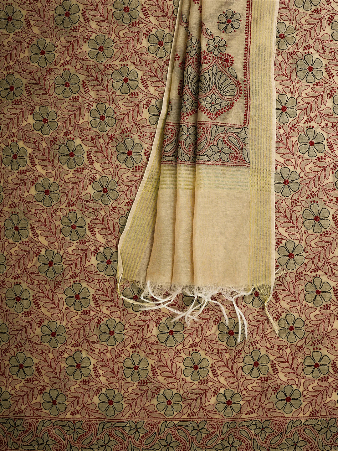 Ada Hand Embroidered Fawn Chanderi Lucknowi Chikankari Unstitched Kurta Dupatta Set 01A710977