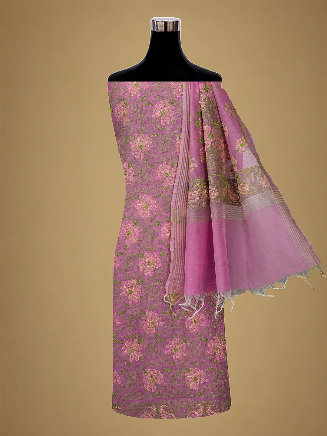 Ada Hand Embroidered Pink Chanderi Lucknowi Chikankari Unstitched Kurta Dupatta Set 01A710984