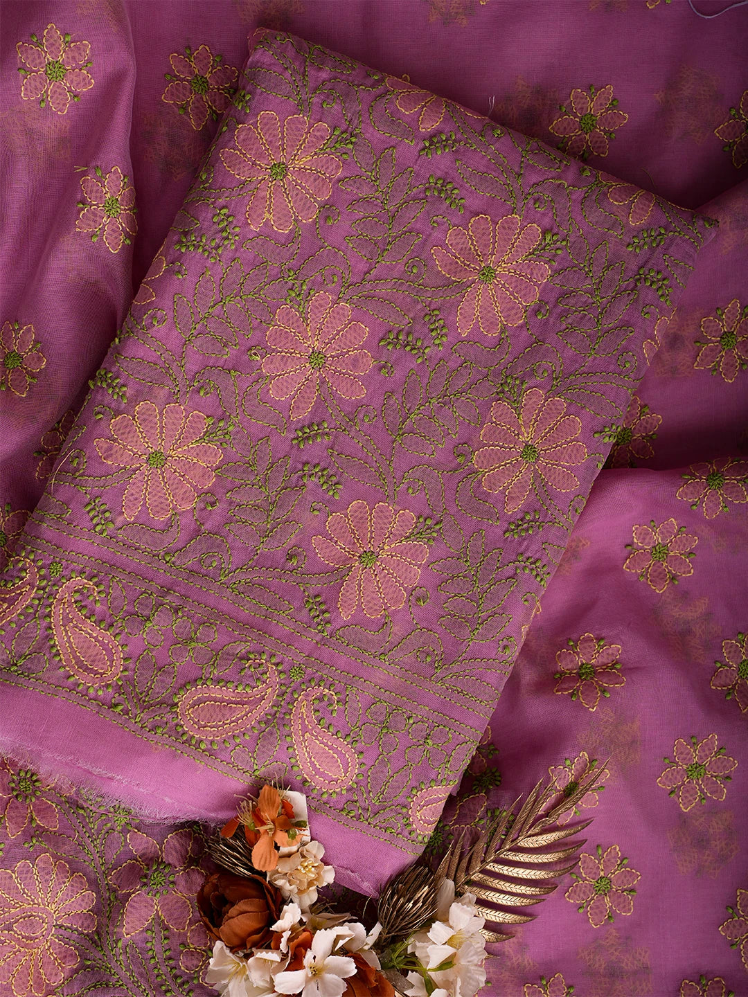 Ada Hand Embroidered Pink Chanderi Lucknowi Chikankari Unstitched Kurta Dupatta Set 01A710984