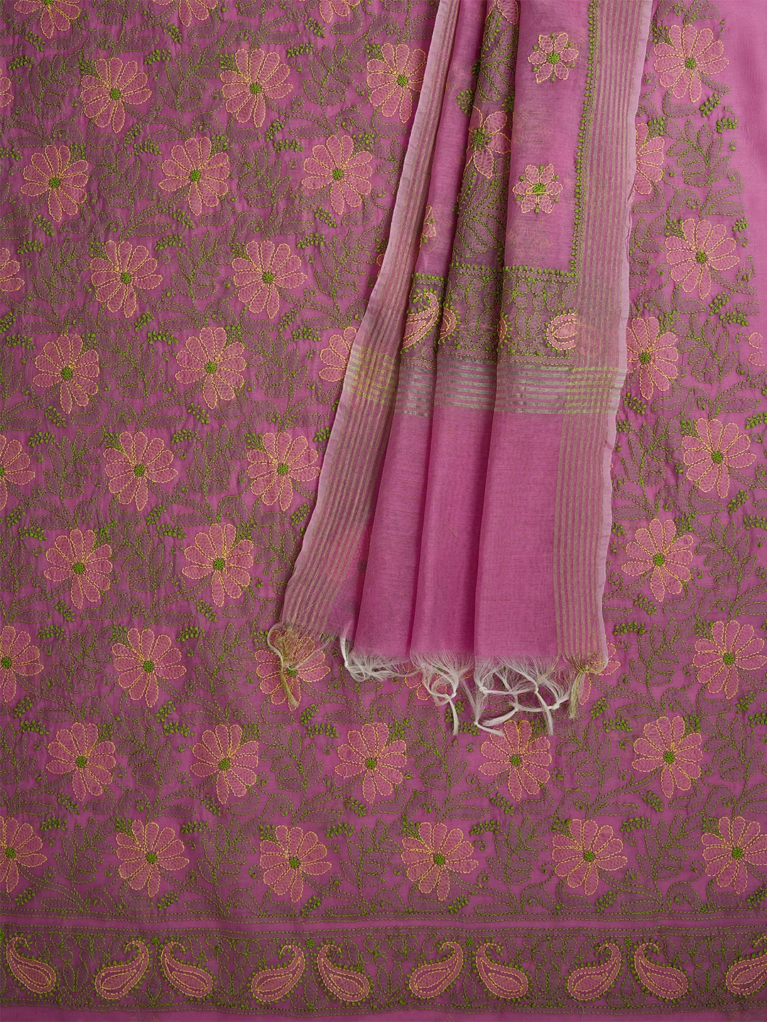 Ada Hand Embroidered Pink Chanderi Lucknowi Chikankari Unstitched Kurta Dupatta Set 01A710984