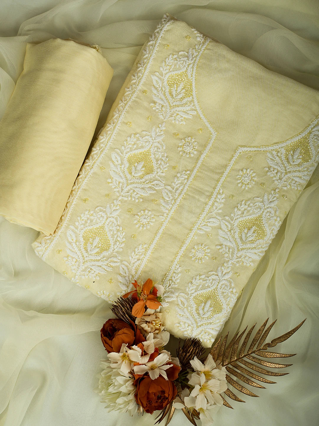Ada Hand Embroidered Lemon Maslin Lucknowi Chikankari Unstitched Suit Piece With Cutdana Work 01A709431