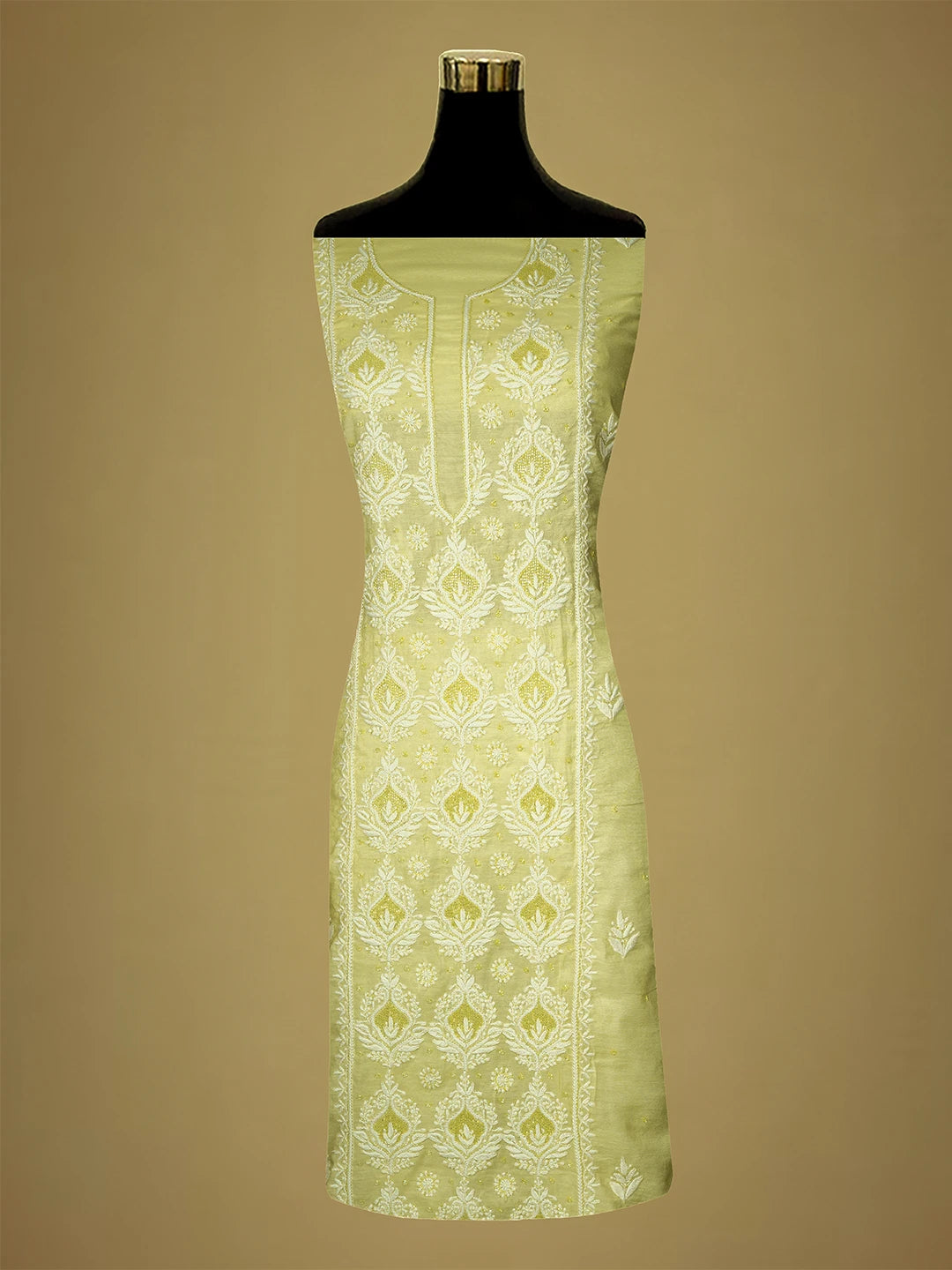 Ada Hand Embroidered Lemon Maslin Lucknowi Chikankari Unstitched Suit Piece With Cutdana Work 01A709431