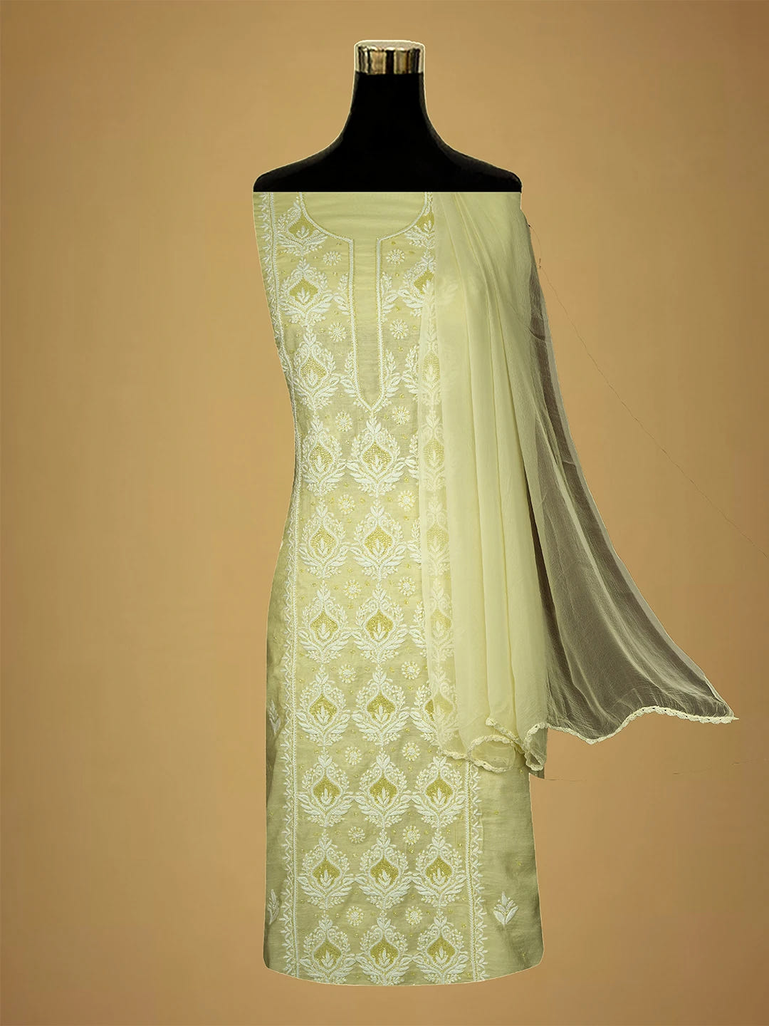 Ada Hand Embroidered Lemon Maslin Lucknowi Chikankari Unstitched Suit Piece With Cutdana Work 01A709431