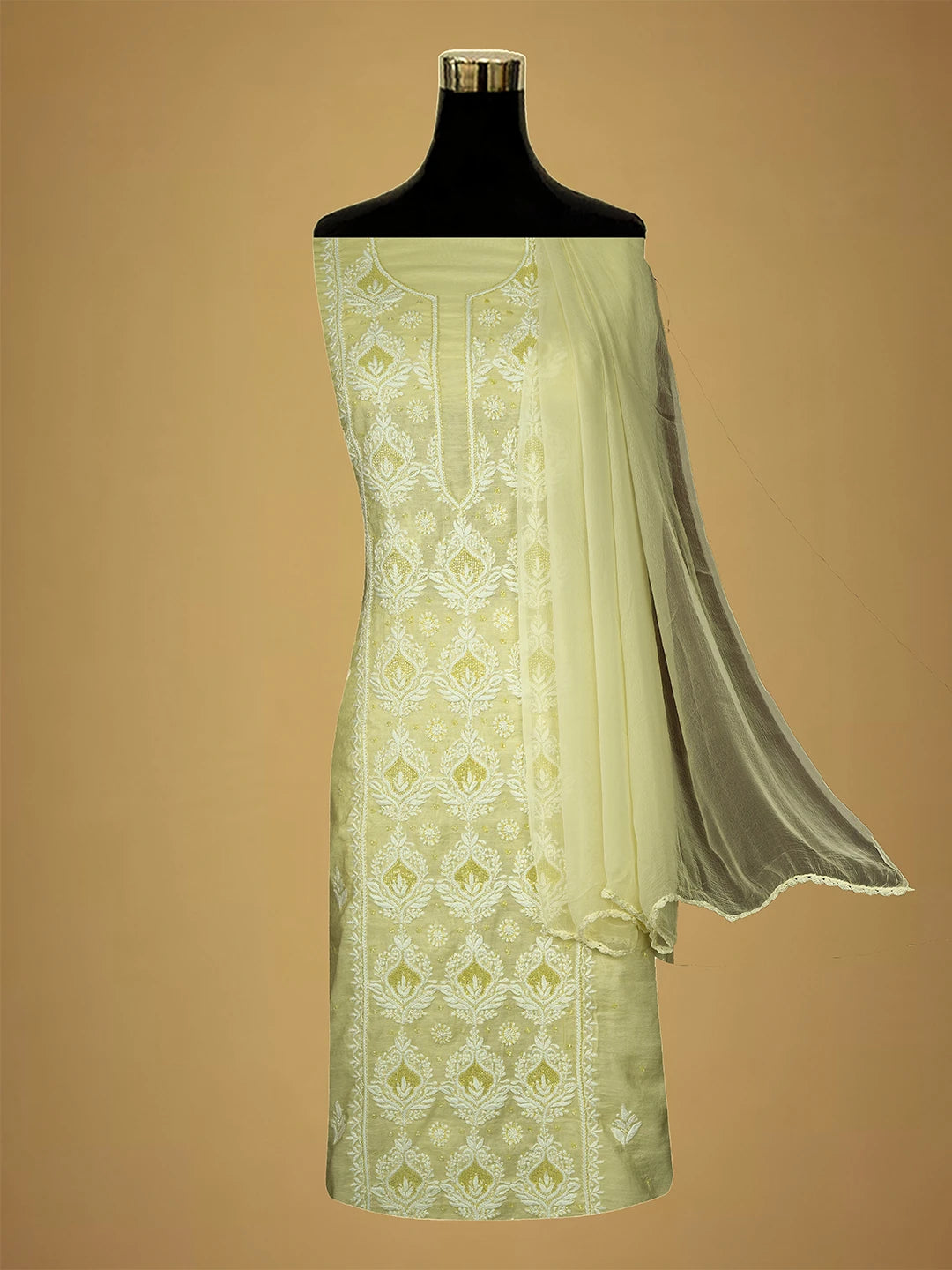 Ada Hand Embroidered Lemon Maslin Lucknowi Chikankari Unstitched Suit Piece With Cutdana Work 01A709431