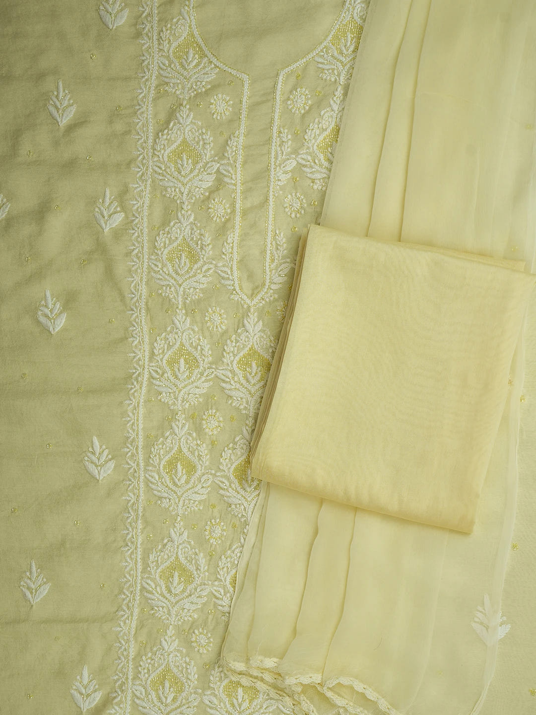 Ada Hand Embroidered Lemon Maslin Lucknowi Chikankari Unstitched Suit Piece With Cutdana Work 01A709431