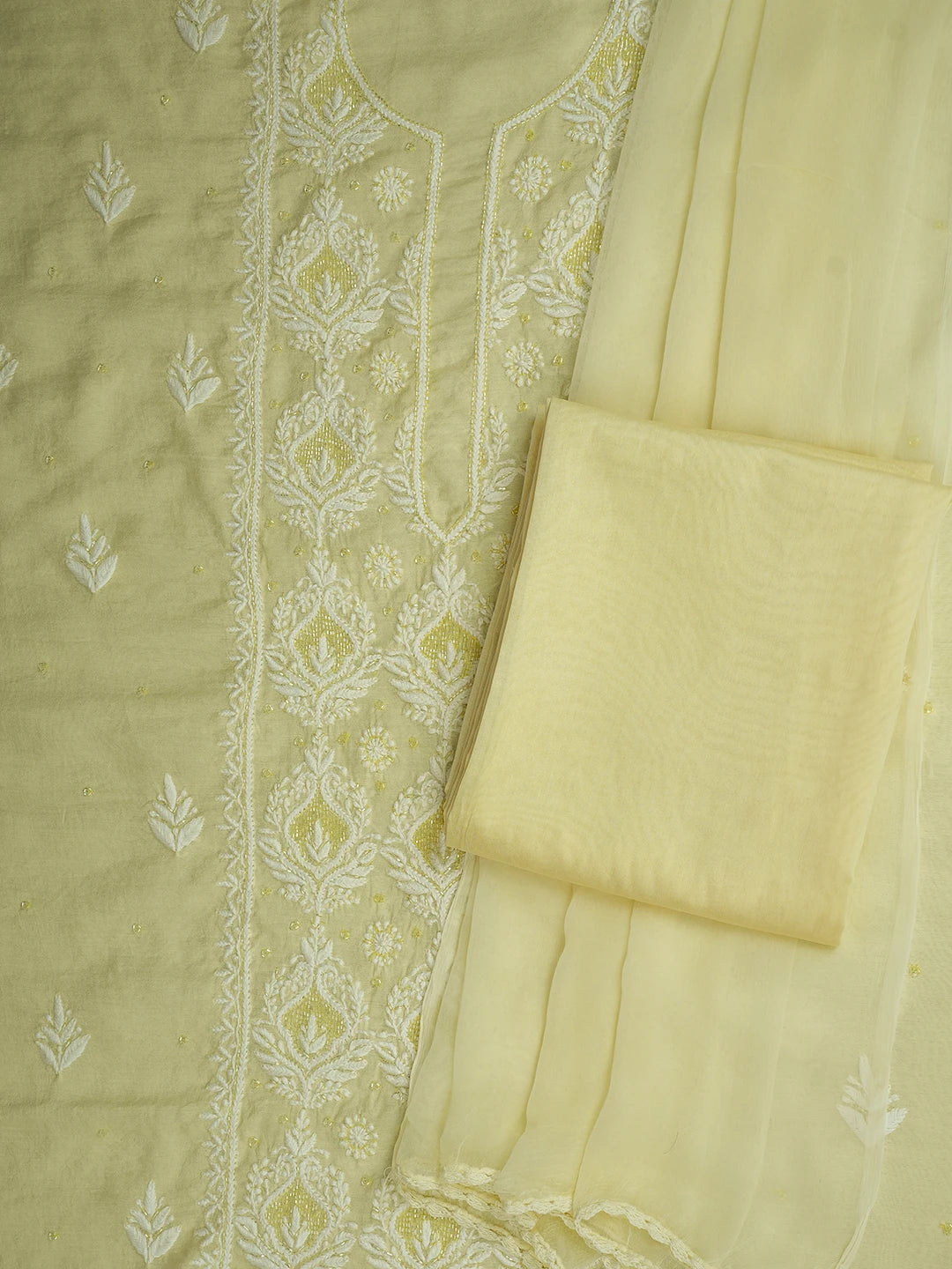 Ada Hand Embroidered Lemon Maslin Lucknowi Chikankari Unstitched Suit Piece With Cutdana Work 01A709431