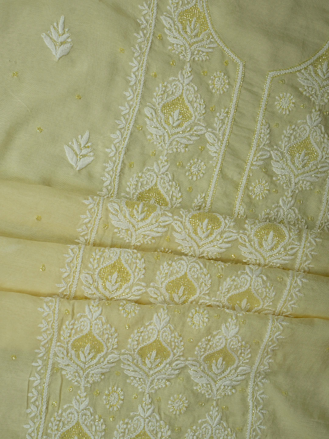 Ada Hand Embroidered Lemon Maslin Lucknowi Chikankari Unstitched Suit Piece With Cutdana Work 01A709431