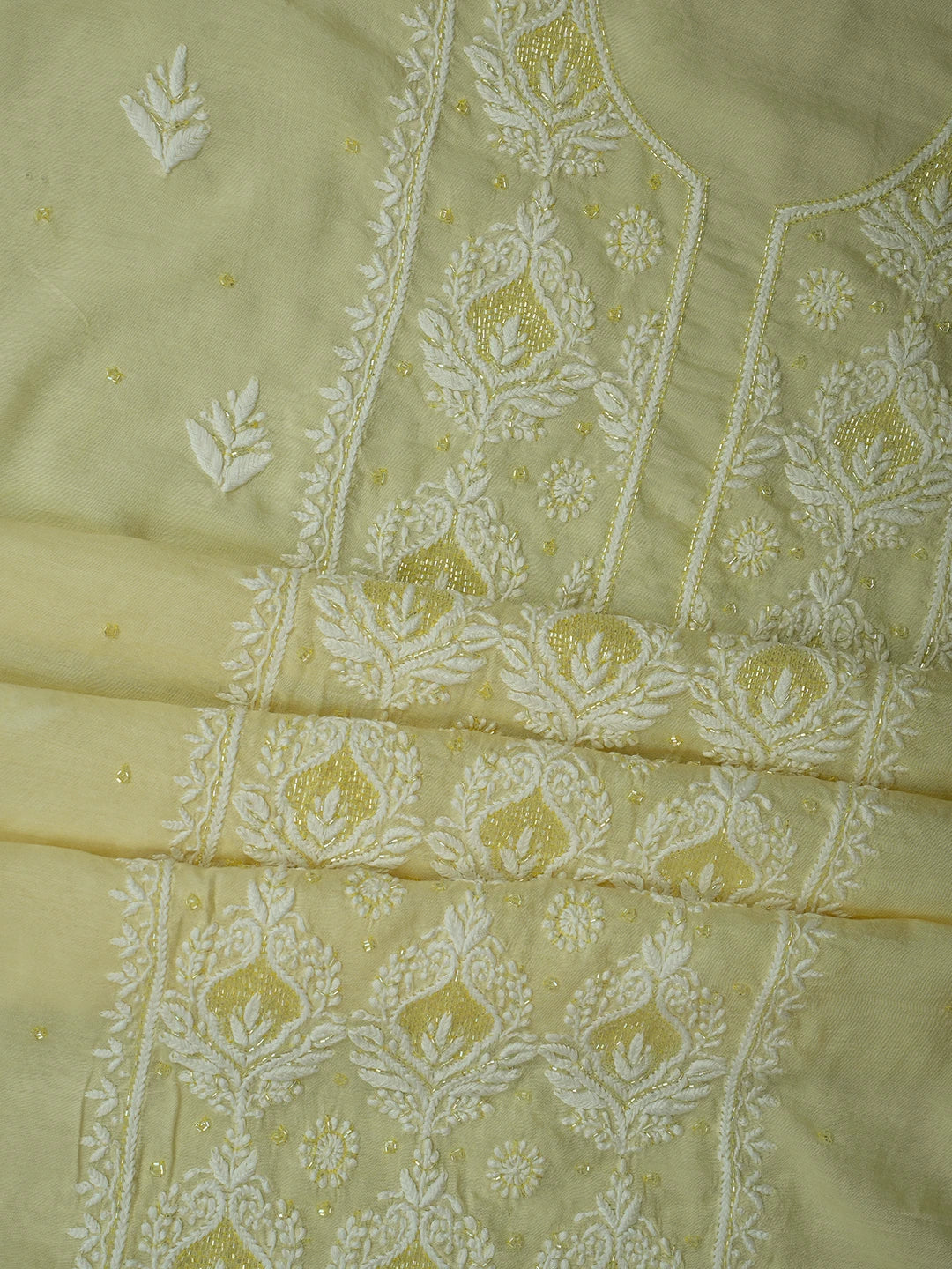 Ada Hand Embroidered Lemon Maslin Lucknowi Chikankari Unstitched Suit Piece With Cutdana Work 01A709431
