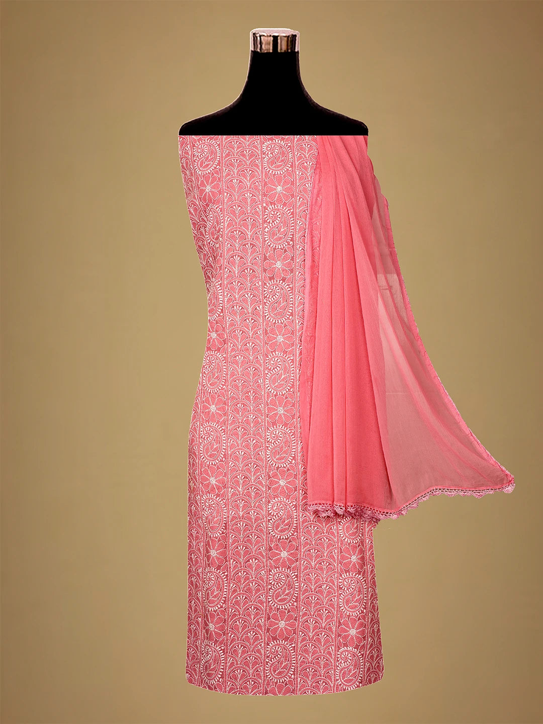 Ada Hand Embroidered Carrot Pink Cotton Lucknowi Chikankari Unstitched Suit Piece 01A710371