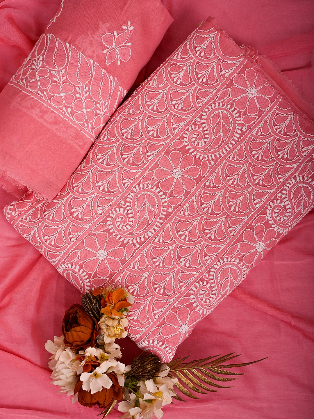 Ada Hand Embroidered Carrot Pink Cotton Lucknowi Chikankari Unstitched Suit Piece 01A710371