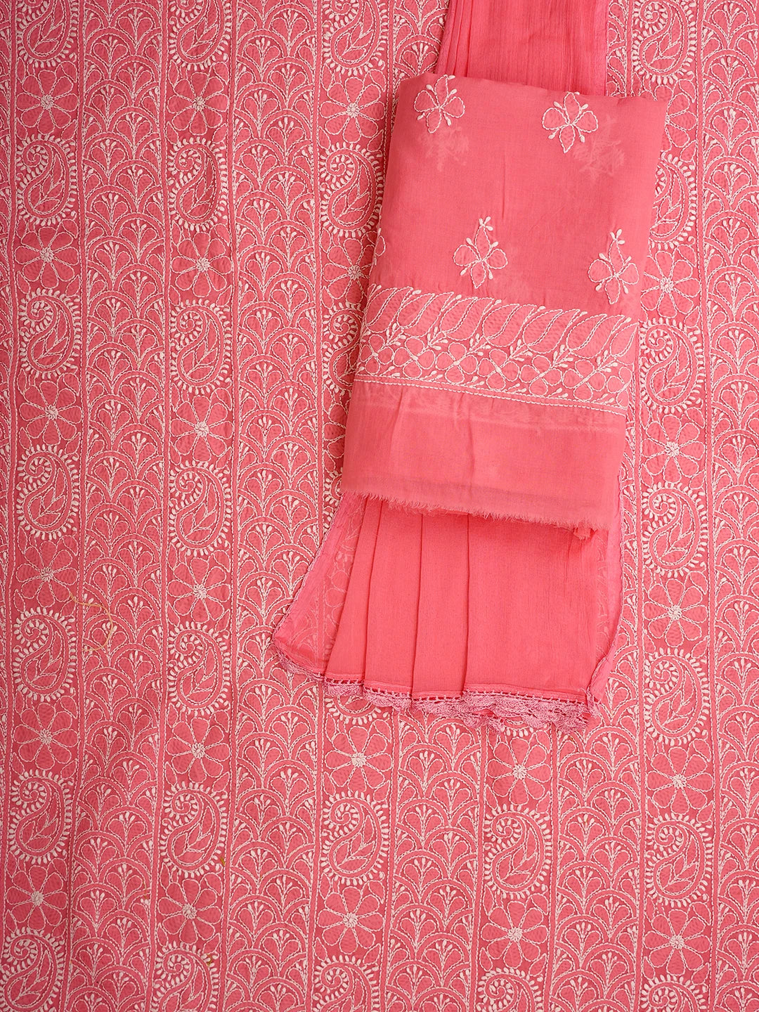 Ada Hand Embroidered Carrot Pink Cotton Lucknowi Chikankari Unstitched Suit Piece 01A710371