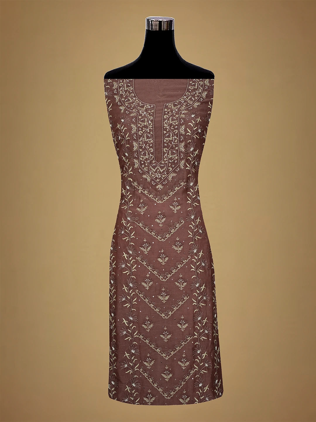 Ada Hand Embroidered Brown Chanderi Lucknowi Chikankari Unstitched Kurta Dupatta Set With Cutdana Work 01A682700