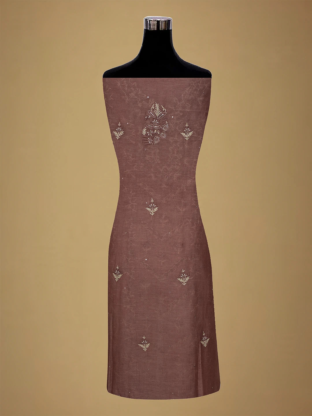 Ada Hand Embroidered Brown Chanderi Lucknowi Chikankari Unstitched Kurta Dupatta Set With Cutdana Work 01A682700