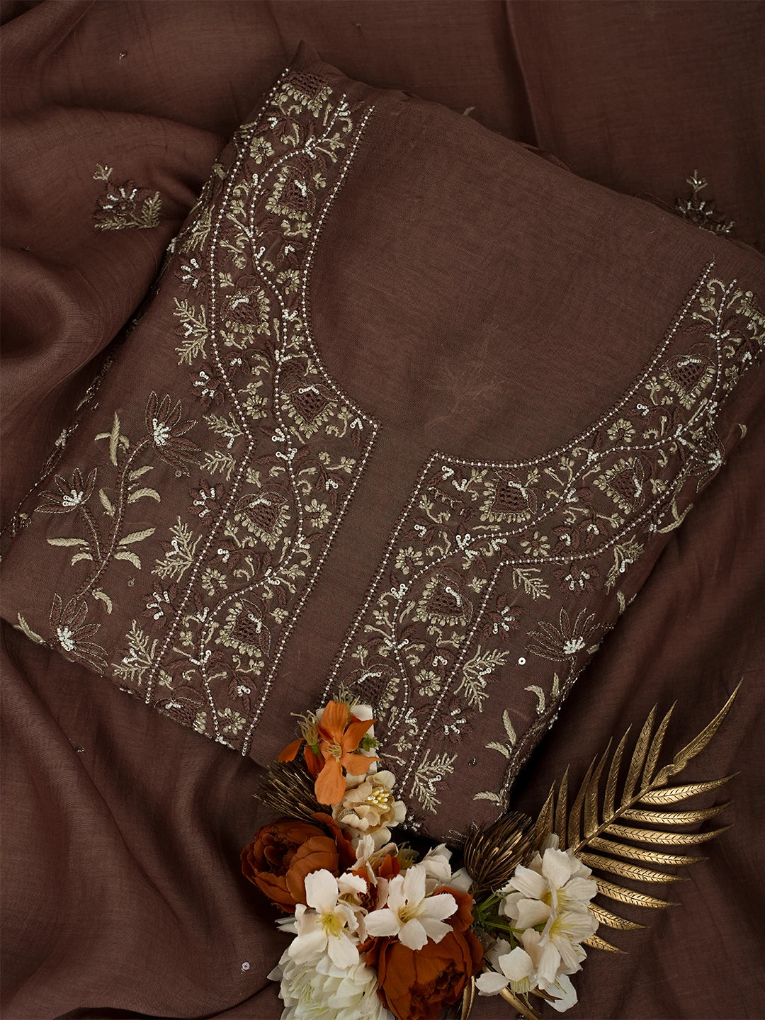 Ada Hand Embroidered Brown Chanderi Lucknowi Chikankari Unstitched Kurta Dupatta Set With Cutdana Work 01A682700