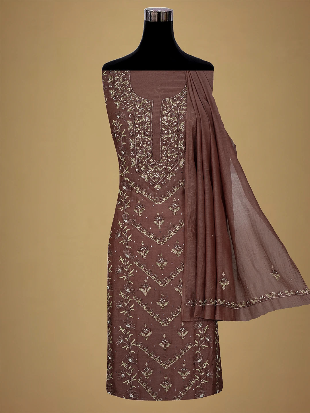 Ada Hand Embroidered Brown Chanderi Lucknowi Chikankari Unstitched Kurta Dupatta Set With Cutdana Work 01A682700