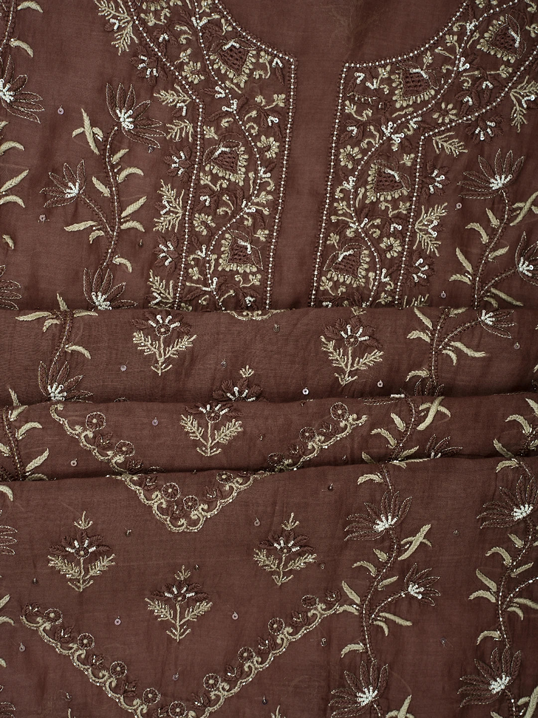 Ada Hand Embroidered Brown Chanderi Lucknowi Chikankari Unstitched Kurta Dupatta Set With Cutdana Work 01A682700