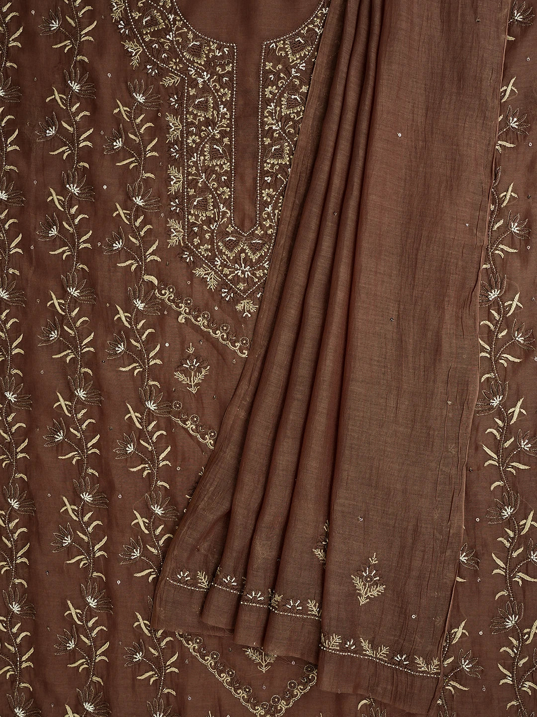 Ada Hand Embroidered Brown Chanderi Lucknowi Chikankari Unstitched Kurta Dupatta Set With Cutdana Work 01A682700