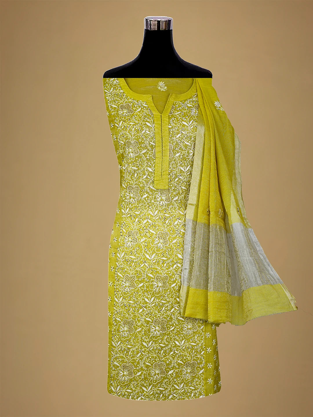 Ada Hand Embroidered Pear Green Tissue Lucknowi Chikankari Semi-stitched Kurta Dupatta Set With Zari Work 01A543897