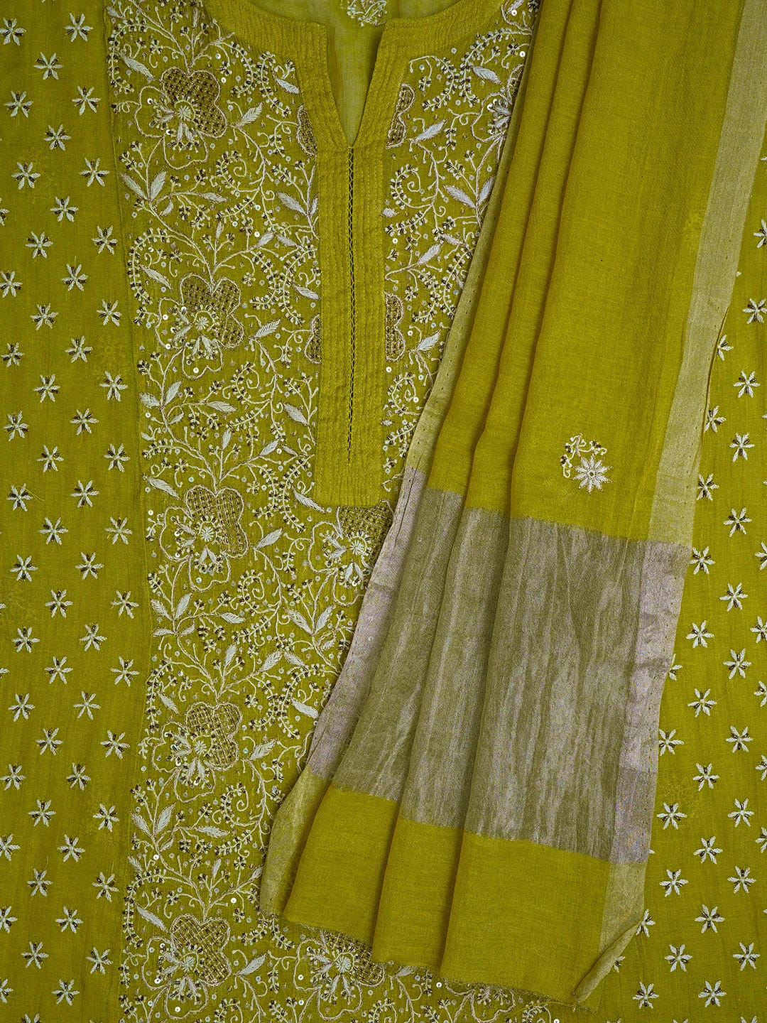 Ada Hand Embroidered Pear Green Tissue Lucknowi Chikankari Semi-stitched Kurta Dupatta Set With Zari Work 01A543897