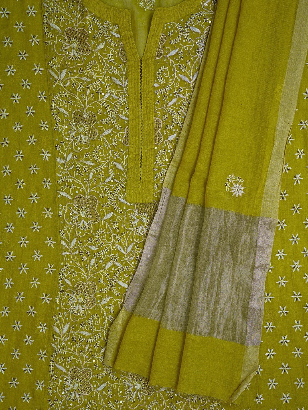 Ada Hand Embroidered Pear Green Tissue Lucknowi Chikankari Semi-stitched Kurta Dupatta Set With Zari Work 01A543897