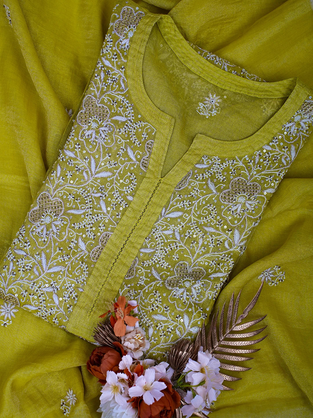 Ada Hand Embroidered Pear Green Tissue Lucknowi Chikankari Semi-stitched Kurta Dupatta Set With Zari Work 01A543897
