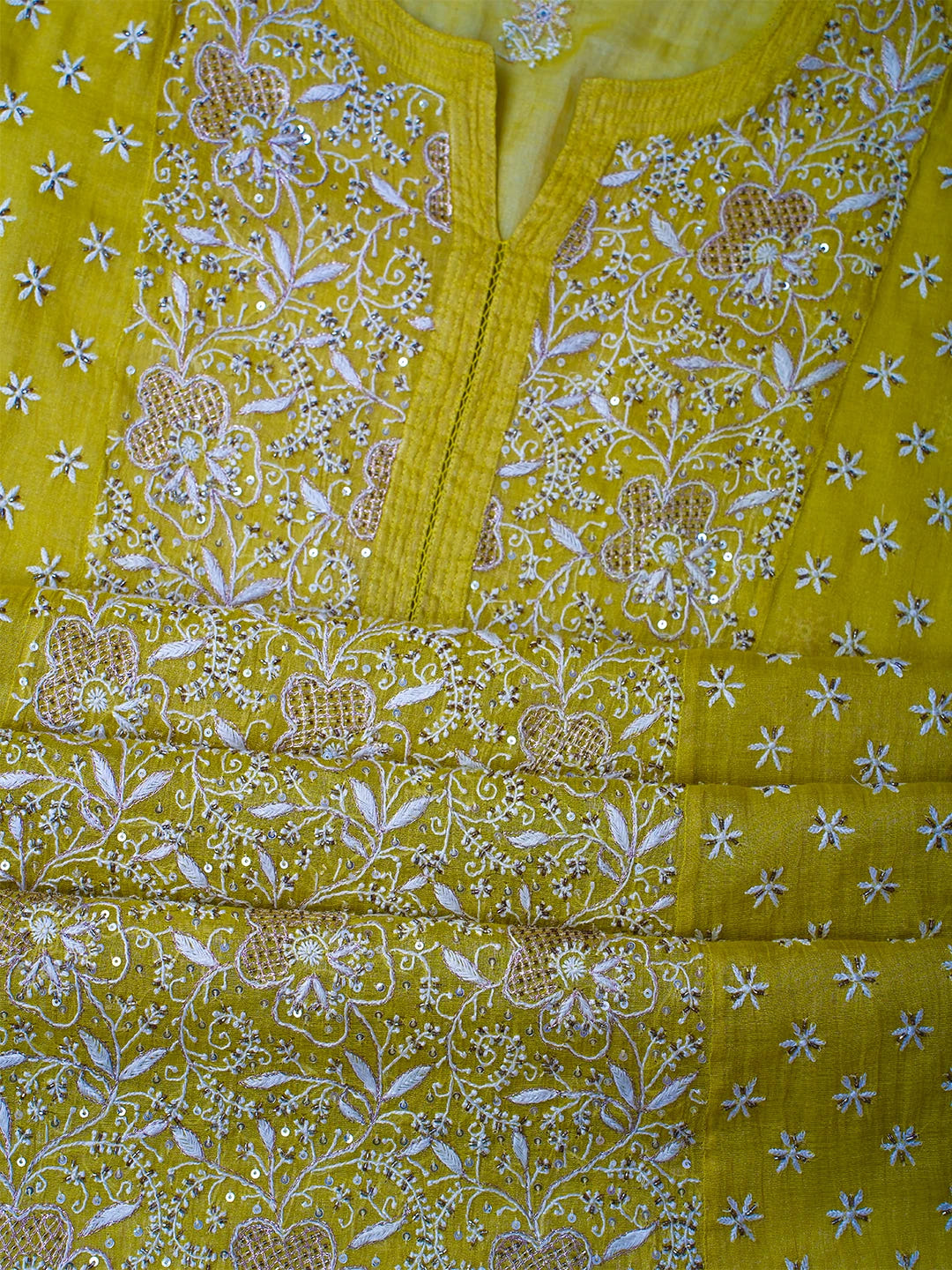 Ada Hand Embroidered Pear Green Tissue Lucknowi Chikankari Semi-stitched Kurta Dupatta Set With Zari Work 01A543897