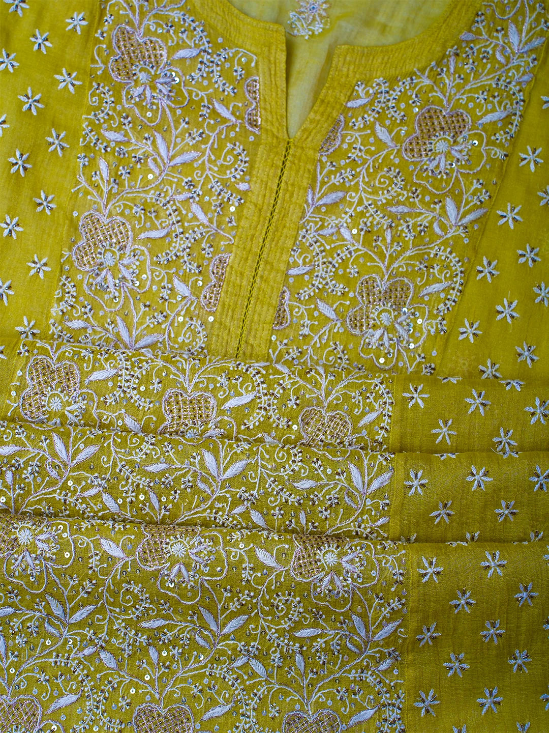 Ada Hand Embroidered Pear Green Tissue Lucknowi Chikankari Semi-stitched Kurta Dupatta Set With Zari Work 01A543897