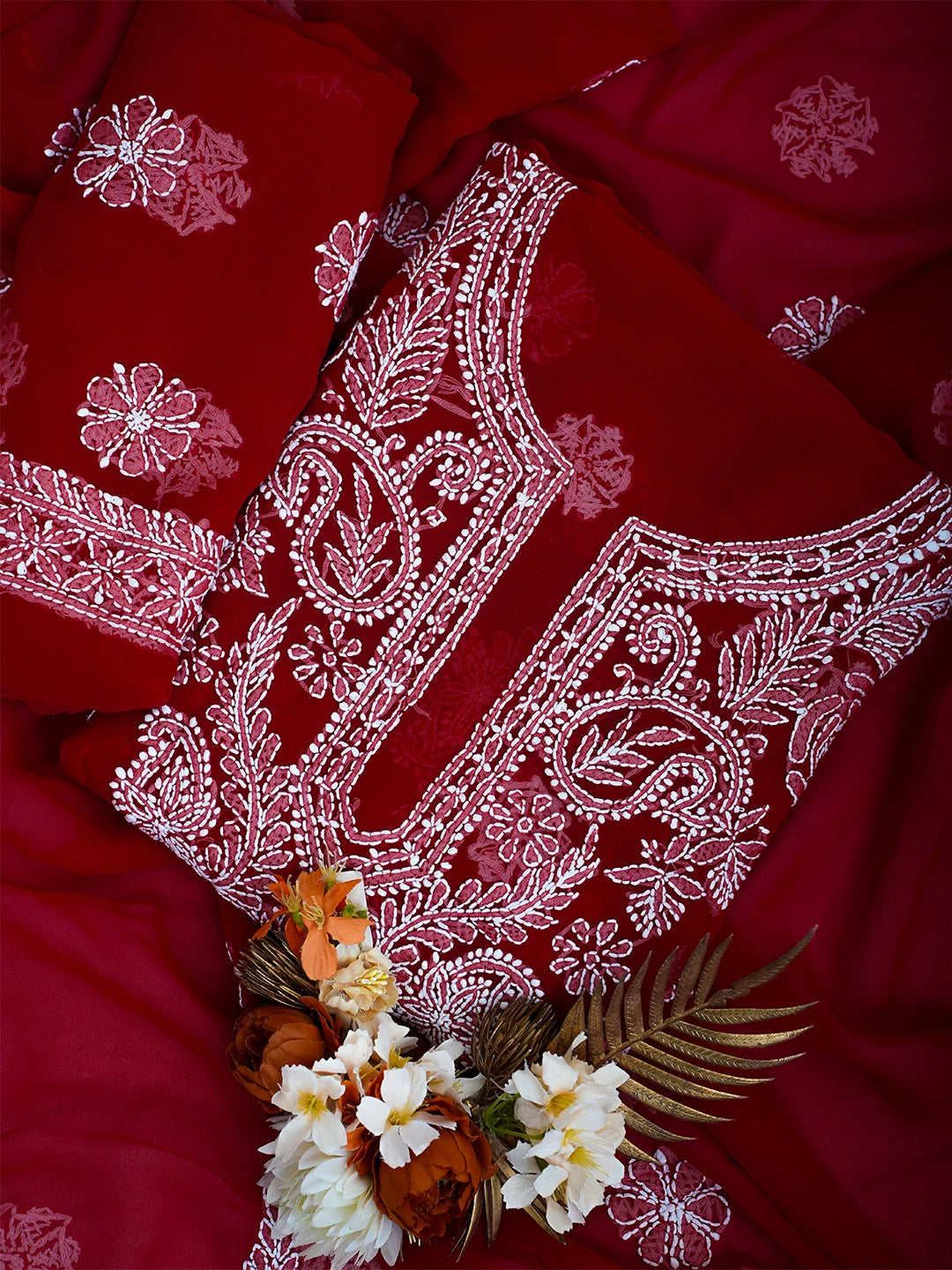 Ada Hand Embroidered Red Georgette Lucknowi Chikankari Unstitched Suit Piece 01A711184
