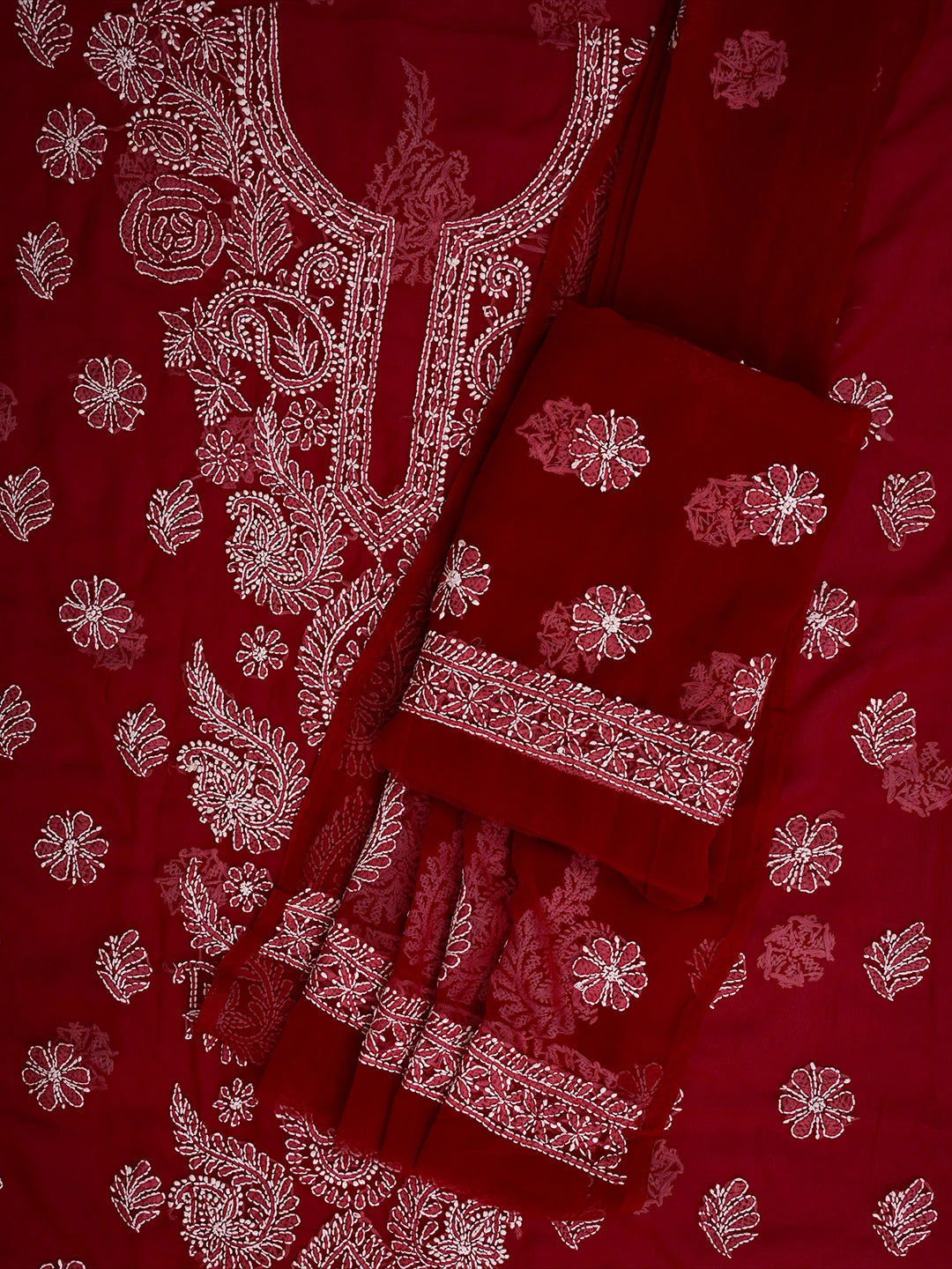 Ada Hand Embroidered Red Georgette Lucknowi Chikankari Unstitched Suit Piece 01A711184