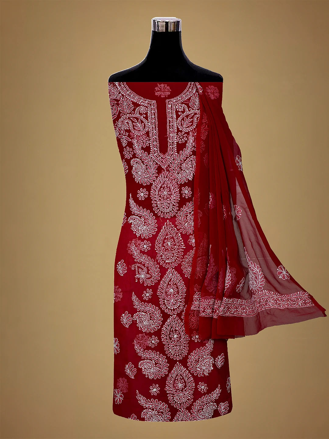 Ada Hand Embroidered Red Georgette Lucknowi Chikankari Unstitched Suit Piece 01A711184