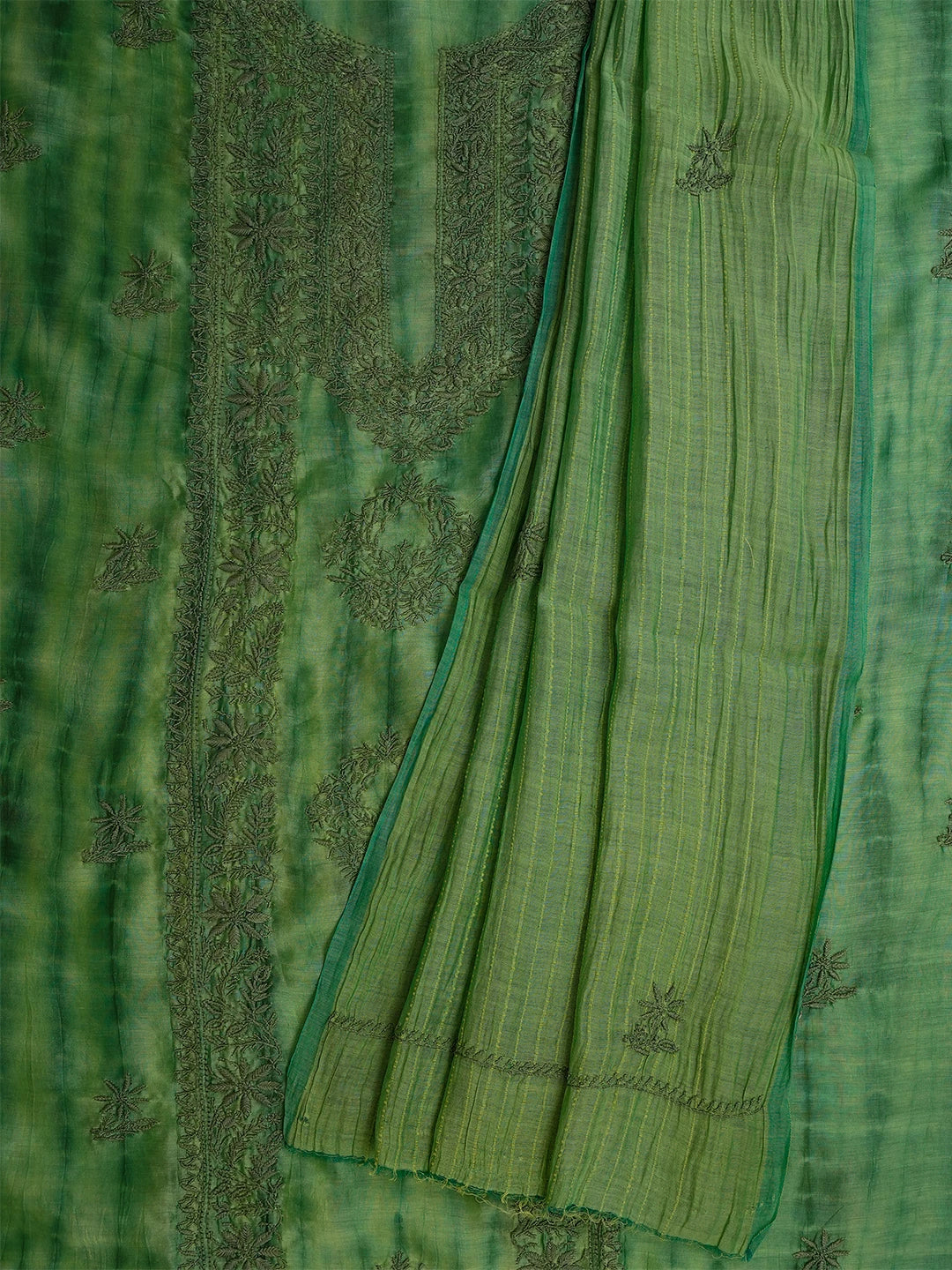 Ada Hand Embroidered Mantis Green Silk Lucknowi Chikankari Unstitched Kurta Dupatta Set 01A679978