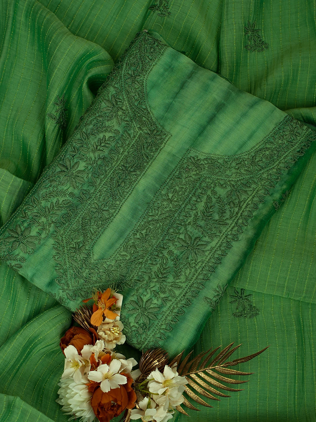 Ada Hand Embroidered Mantis Green Silk Lucknowi Chikankari Unstitched Kurta Dupatta Set 01A679978