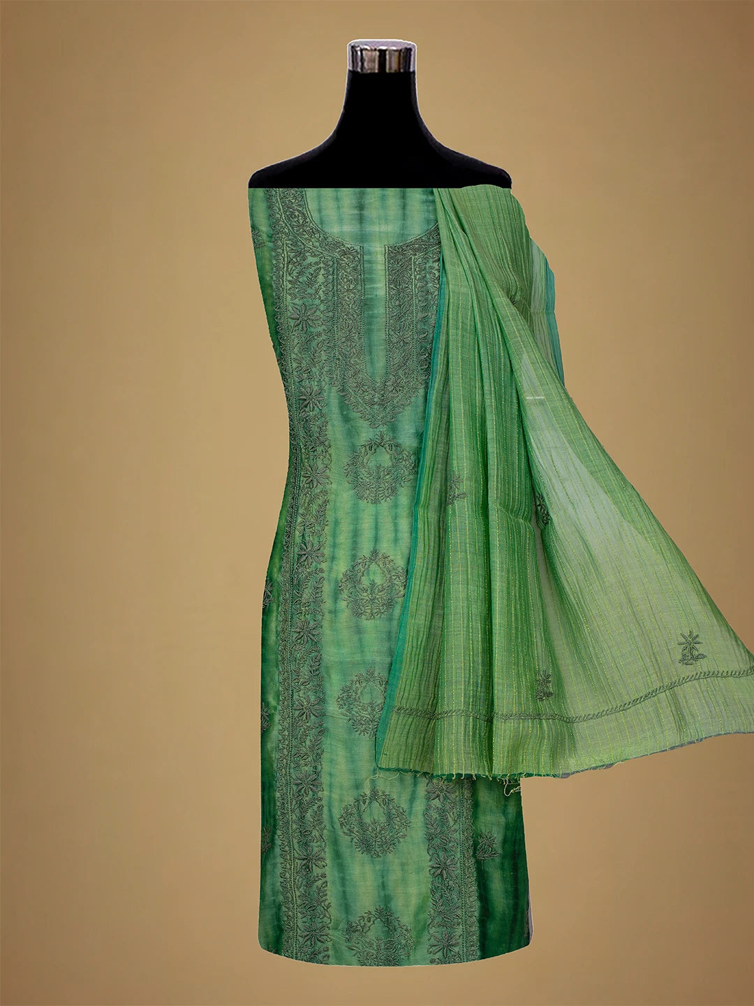 Ada Hand Embroidered Mantis Green Silk Lucknowi Chikankari Unstitched Kurta Dupatta Set 01A679978