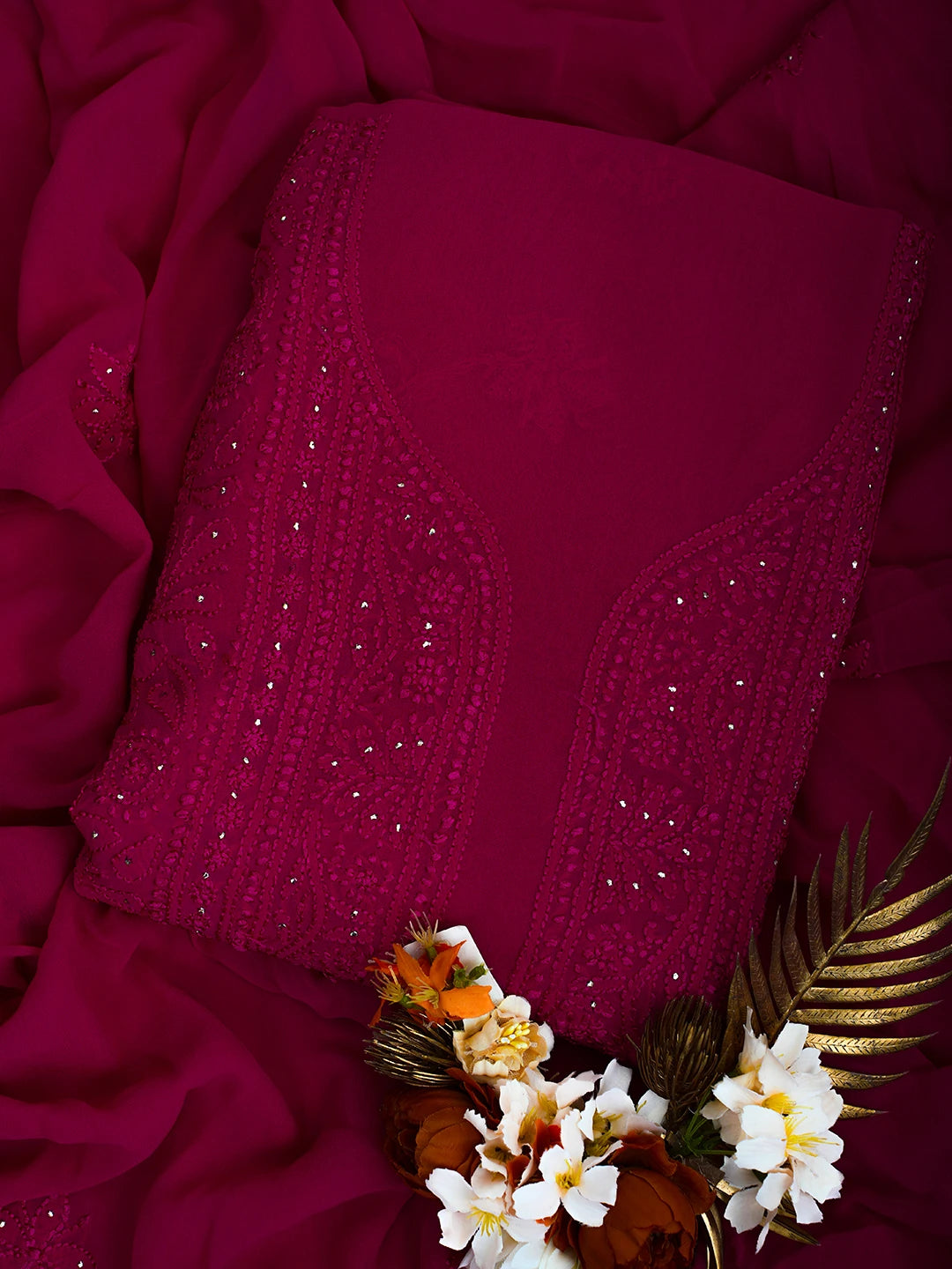 Ada Hand Embroidered Magenta Viscose Georgette Lucknowi Chikankari Unstitched Kurta Dupatta Set With Mukaish Work 01A685053