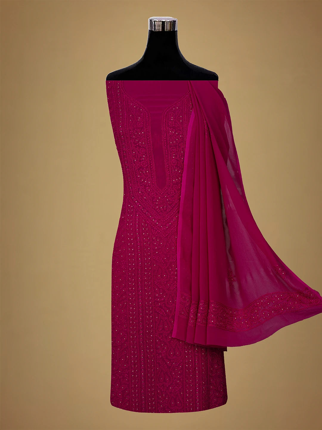 Ada Hand Embroidered Magenta Viscose Georgette Lucknowi Chikankari Unstitched Kurta Dupatta Set With Mukaish Work 01A685053