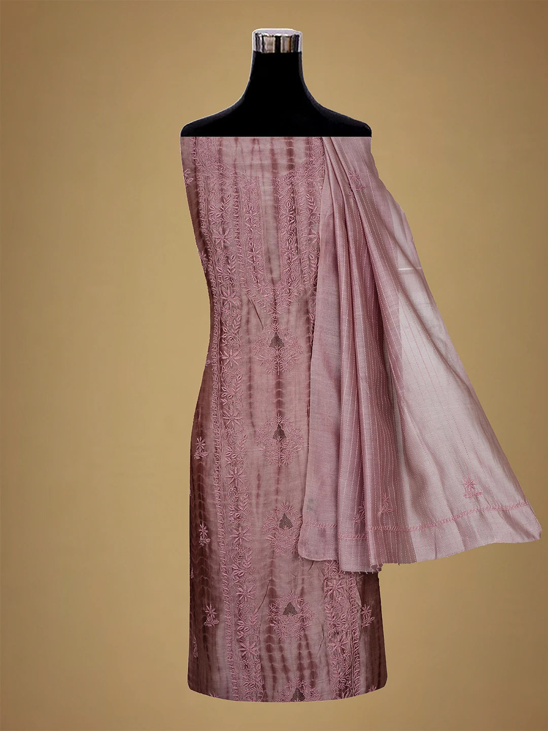 Ada Hand Embroidered Dark Dusty Peach Chanderi Lucknowi Chikankari Unstitched Kurta Dupatta Set 01A665279