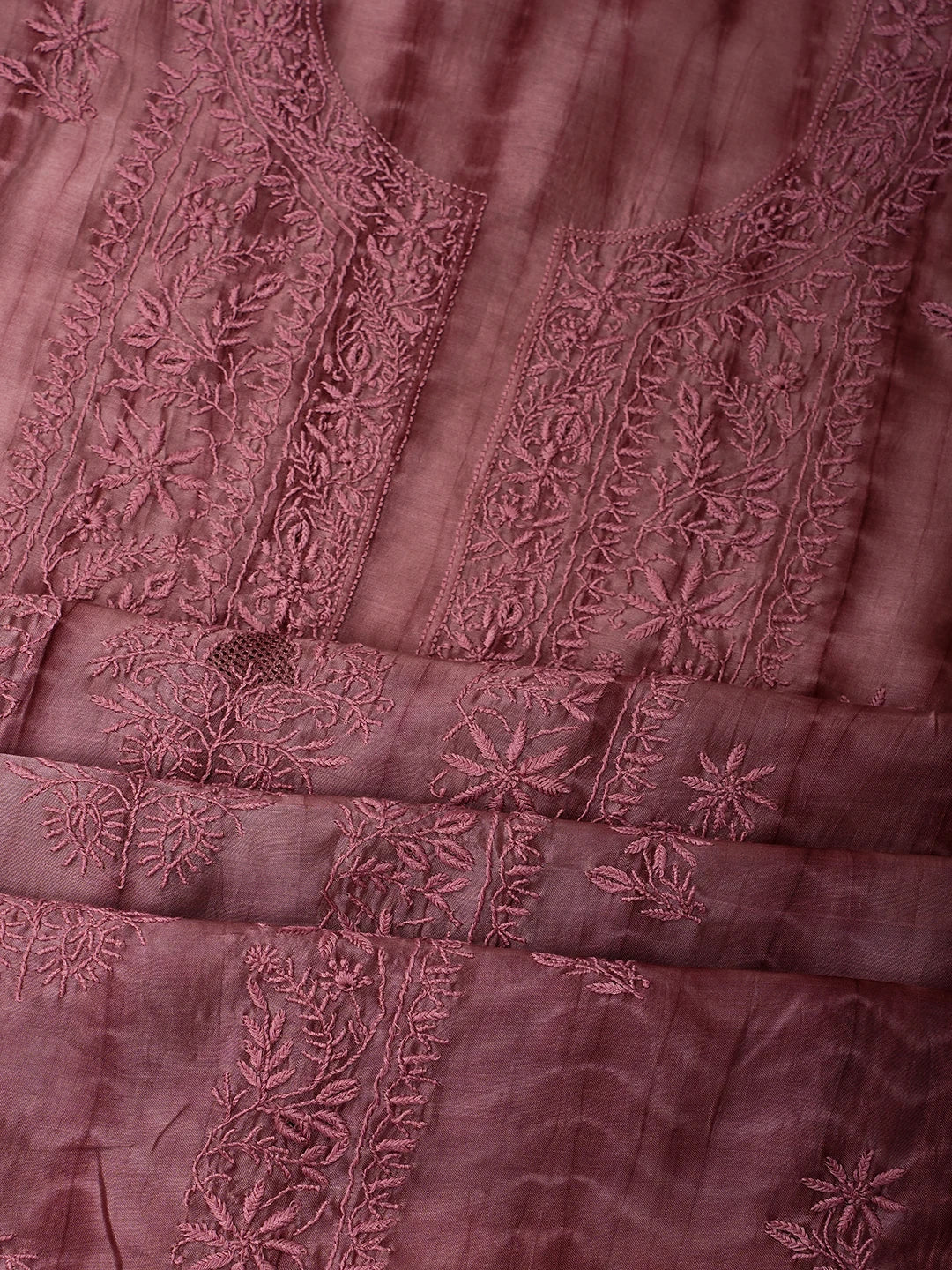 Ada Hand Embroidered Dark Dusty Peach Chanderi Lucknowi Chikankari Unstitched Kurta Dupatta Set 01A665279