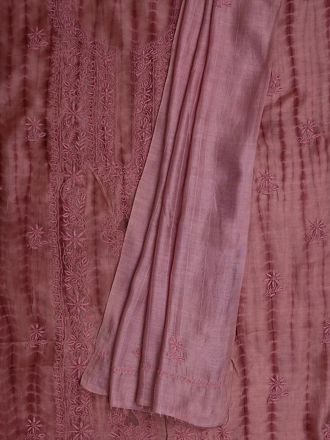 Ada Hand Embroidered Dark Dusty Peach Chanderi Lucknowi Chikankari Unstitched Kurta Dupatta Set 01A665279