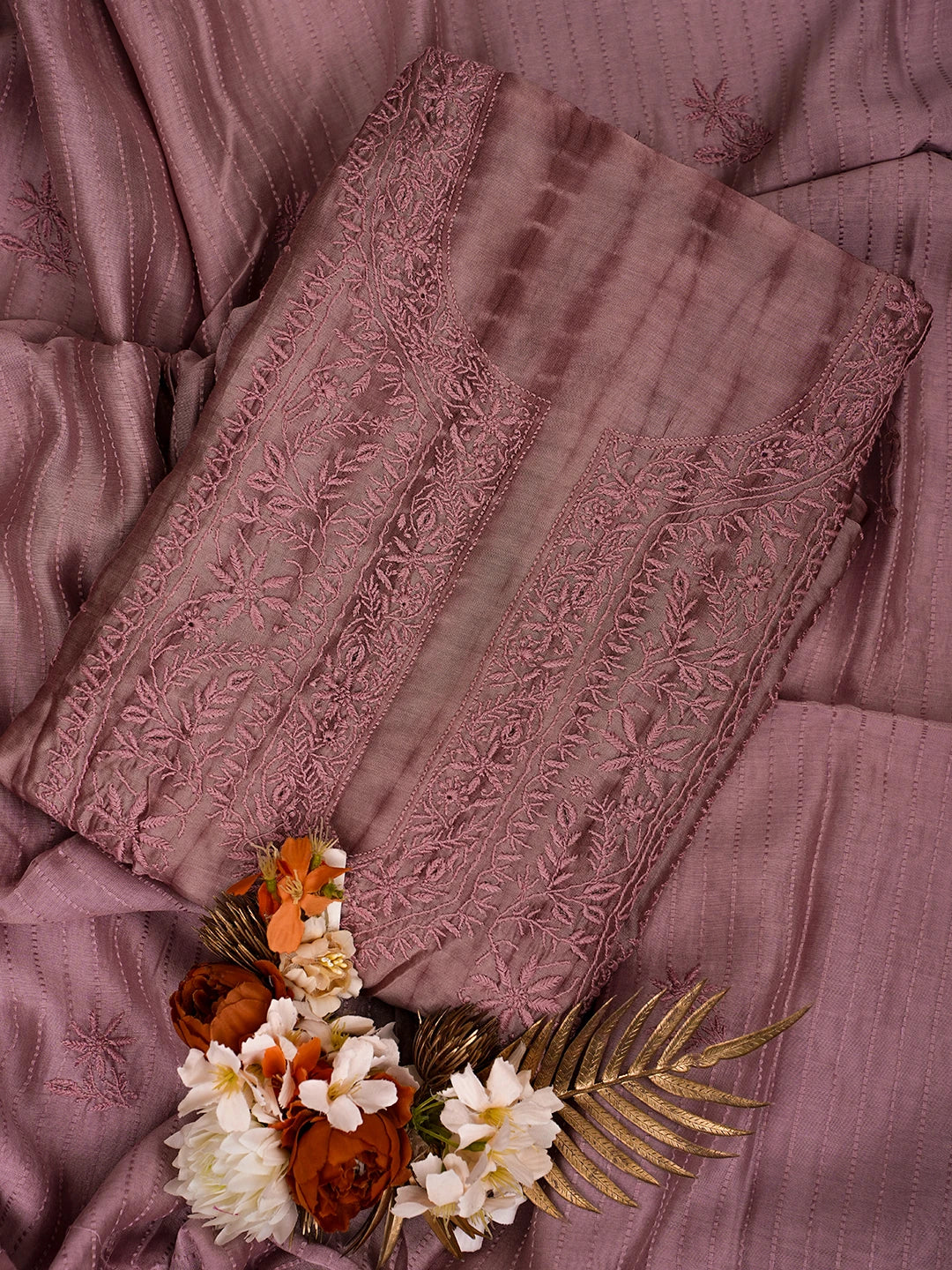 Ada Hand Embroidered Dark Dusty Peach Chanderi Lucknowi Chikankari Unstitched Kurta Dupatta Set 01A665279
