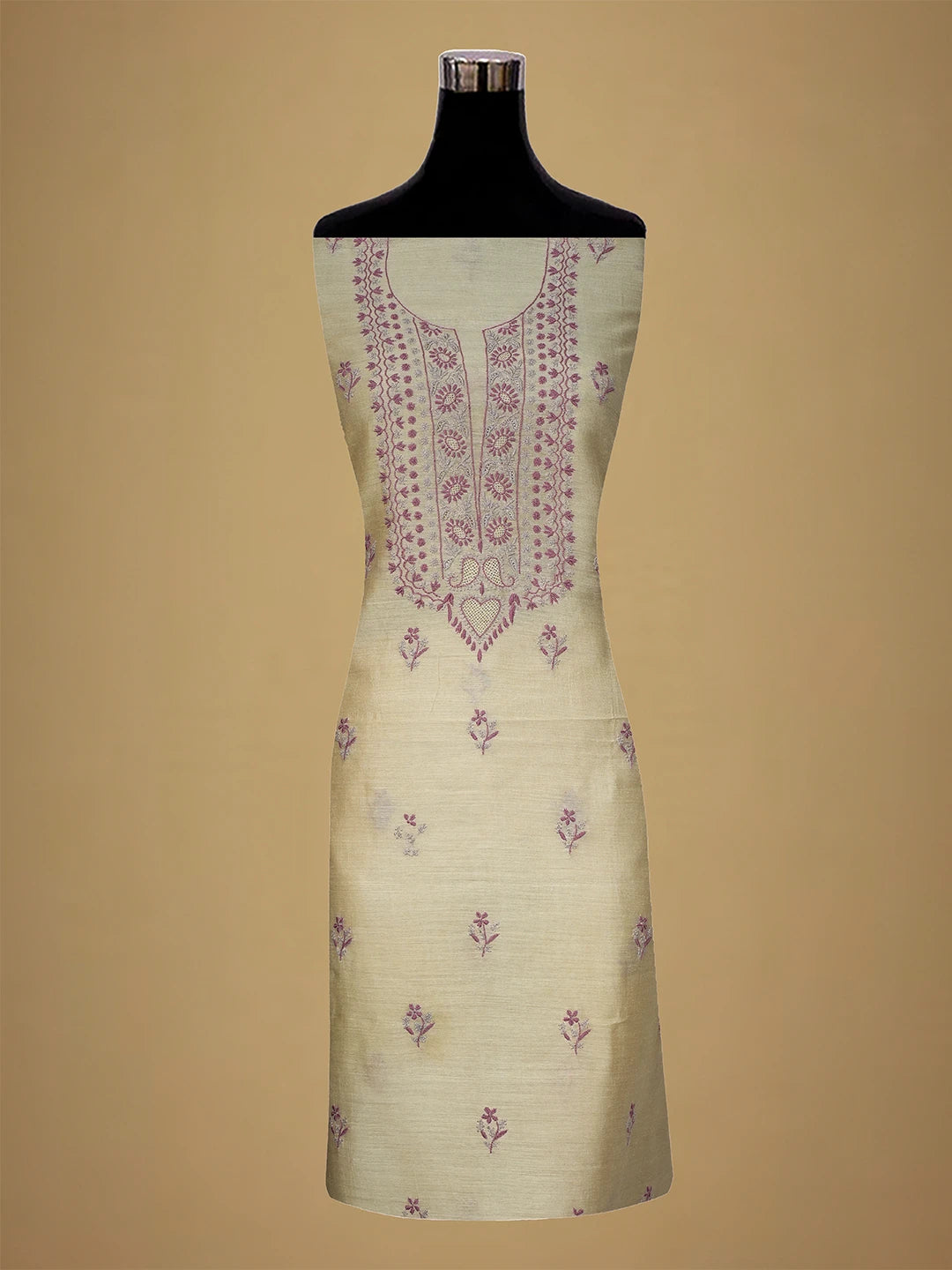 Ada Hand Embroidered Fawn Moonga Silk Lucknowi Chikankari Unstitched Kurta Dupatta Set 01A680743
