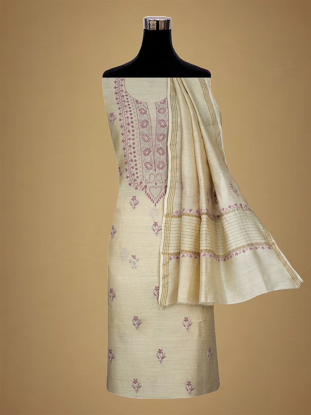 Ada Hand Embroidered Fawn Moonga Silk Lucknowi Chikankari Unstitched Kurta Dupatta Set 01A680743