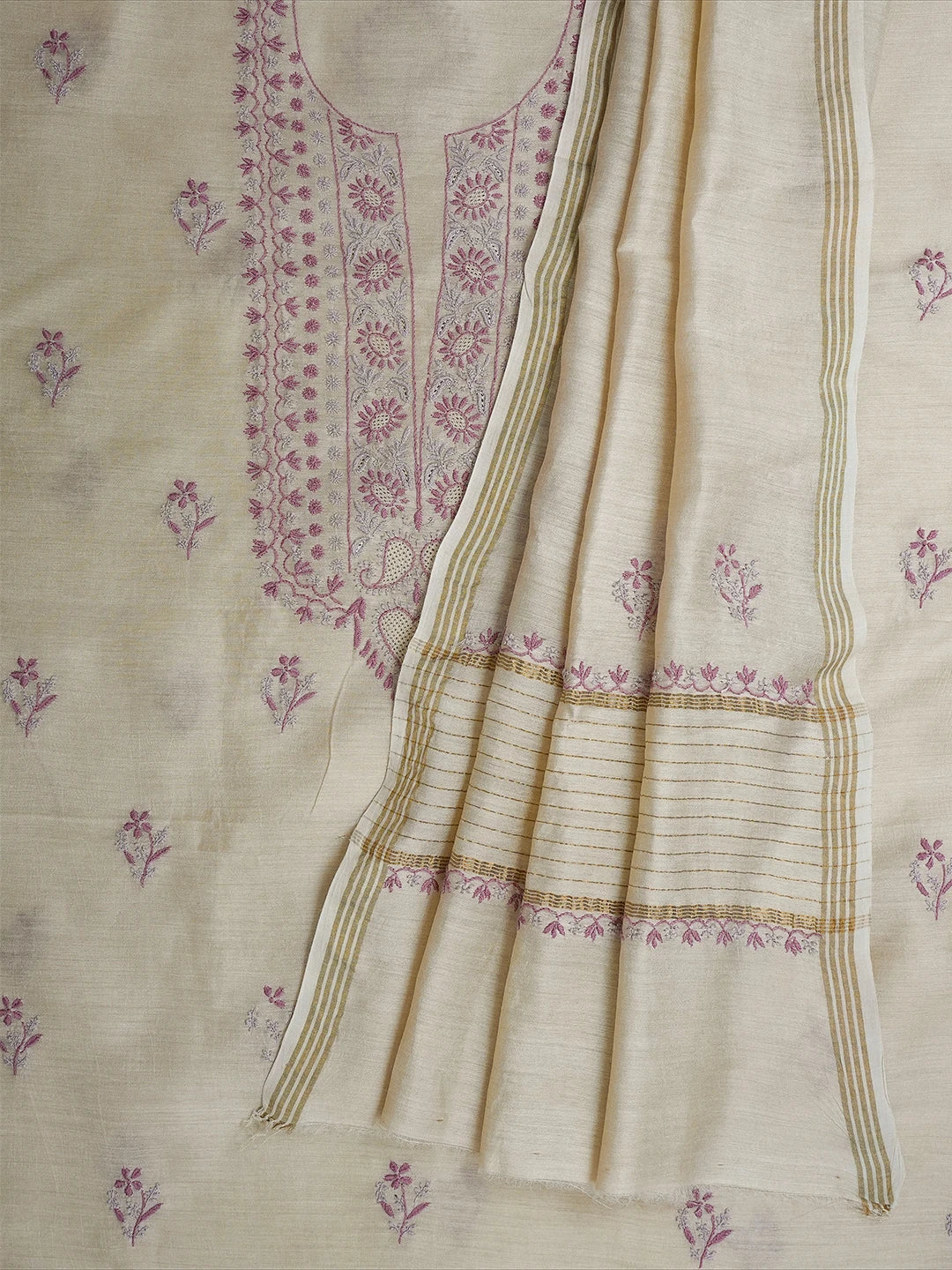 Ada Hand Embroidered Fawn Moonga Silk Lucknowi Chikankari Unstitched Kurta Dupatta Set 01A680743